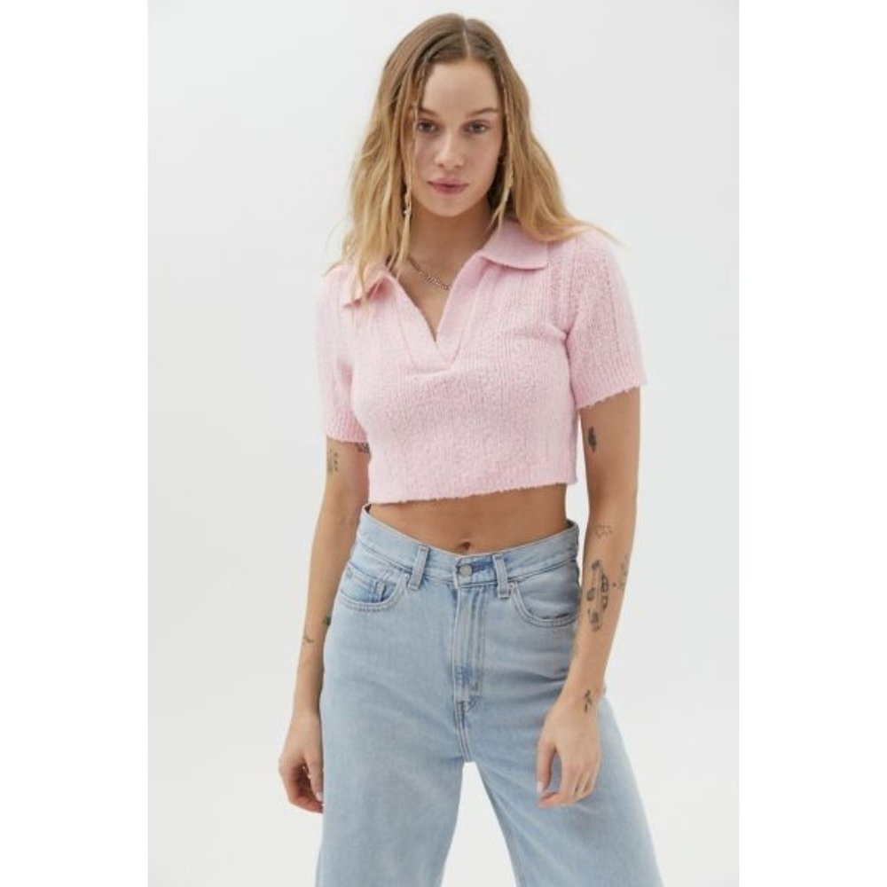 Urban Outfitters Andrea Collared Cropped Sweater Pink XL - Picture 1 of 7